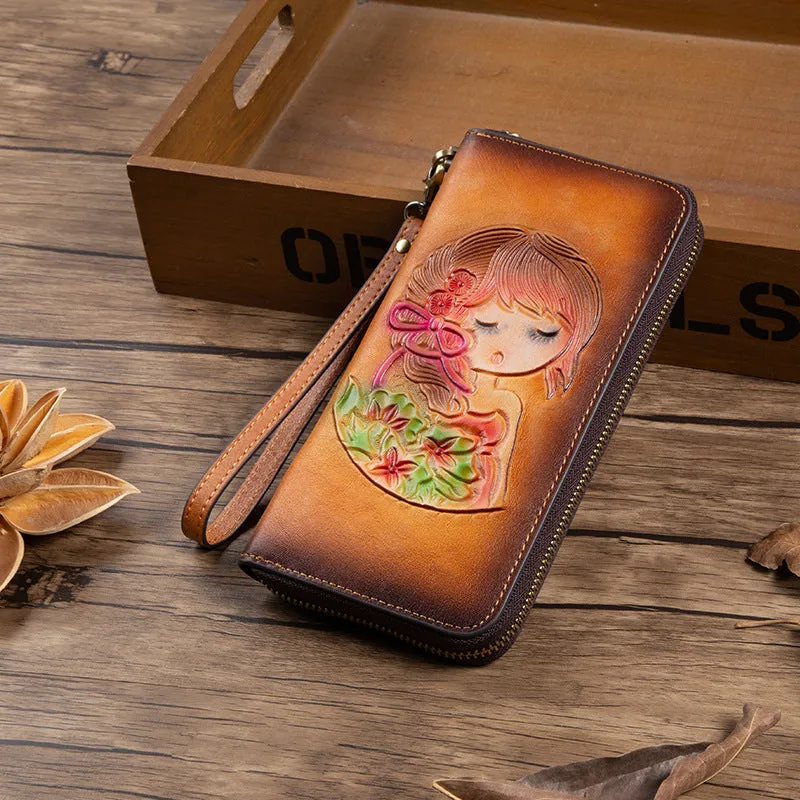 Womens Black Leather Zip Around Wallets Singing Girl Wristlet Wallets Flower Ladies Zipper Clutch Wallet for Women
