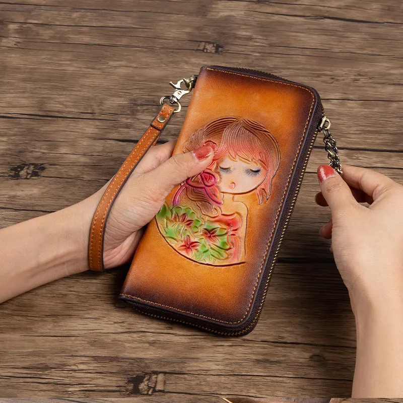 Womens Black Leather Zip Around Wallets Singing Girl Wristlet Wallets Flower Ladies Zipper Clutch Wallet for Women