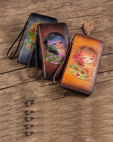 Womens Black Leather Zip Around Wallets Singing Girl Wristlet Wallets Flower Ladies Zipper Clutch Wallet for Women