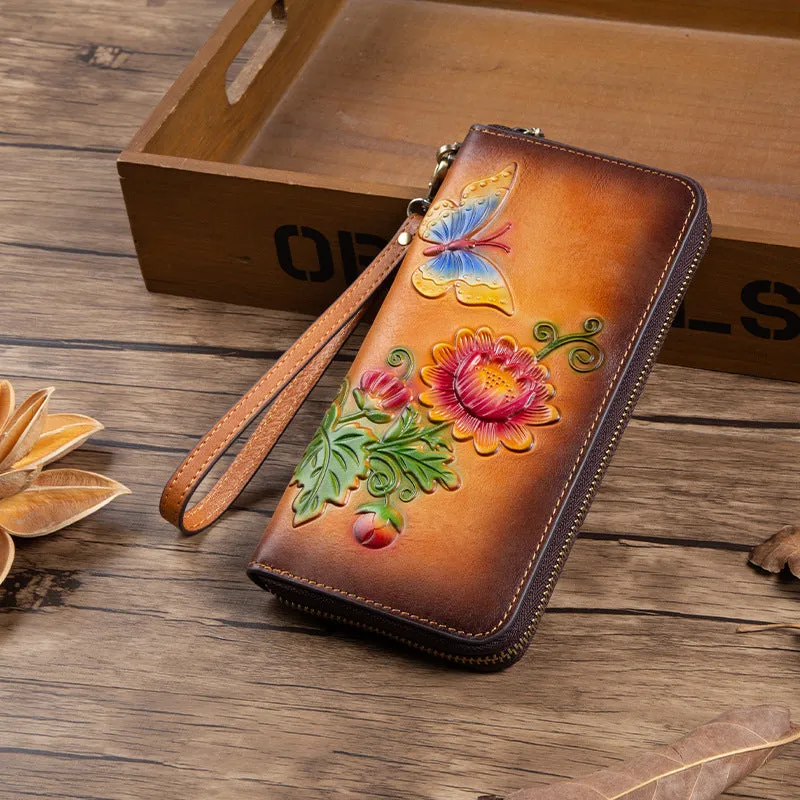 Womens Butterfly&Mums Flower Coffee Leather Wristlet Wallets Zip Around Wallet Flower Ladies Zipper Clutch Wallet for Women