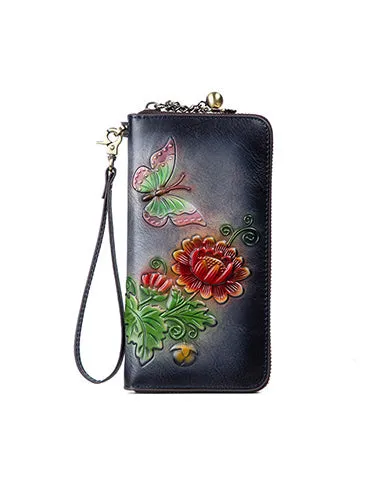 Womens Butterfly&Mums Flower Coffee Leather Wristlet Wallets Zip Around Wallet Flower Ladies Zipper Clutch Wallet for Women