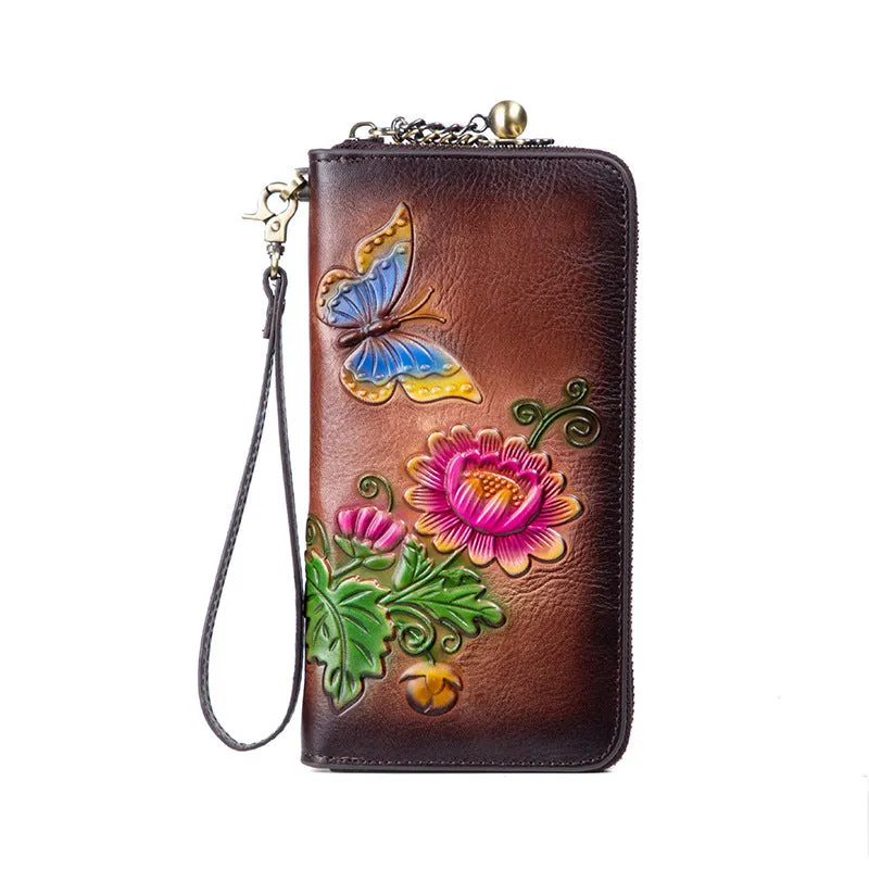 Womens Butterfly&Mums Flower Coffee Leather Wristlet Wallets Zip Around Wallet Flower Ladies Zipper Clutch Wallet for Women