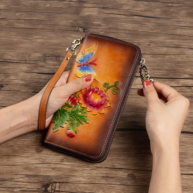 Womens Butterfly&Mums Flower Coffee Leather Wristlet Wallets Zip Around Wallet Flower Ladies Zipper Clutch Wallet for Women
