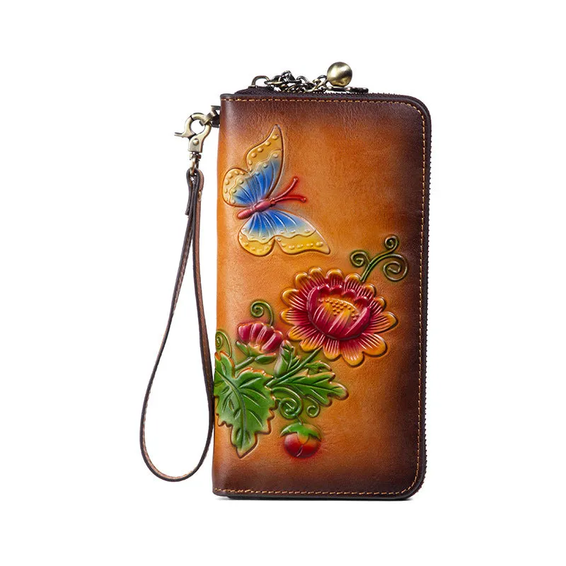 Womens Butterfly&Mums Flower Coffee Leather Wristlet Wallets Zip Around Wallet Flower Ladies Zipper Clutch Wallet for Women