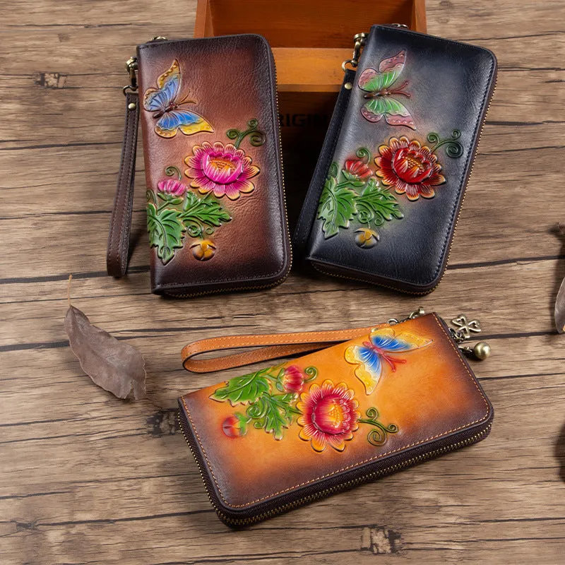 Womens Butterfly&Mums Flower Coffee Leather Wristlet Wallets Zip Around Wallet Flower Ladies Zipper Clutch Wallet for Women