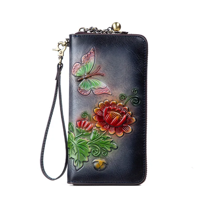 Womens Butterfly&Mums Flower Coffee Leather Wristlet Wallets Zip Around Wallet Flower Ladies Zipper Clutch Wallet for Women