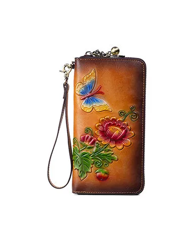 Womens Butterfly&Mums Flower Coffee Leather Wristlet Wallets Zip Around Wallet Flower Ladies Zipper Clutch Wallet for Women