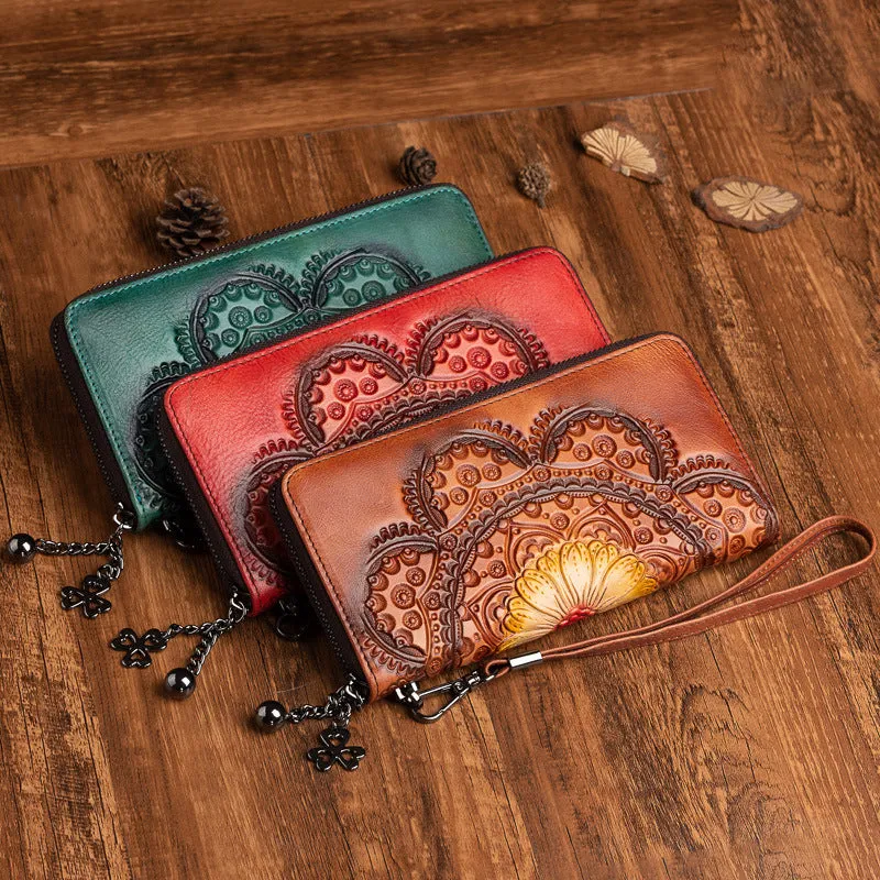 Womens Floral Brown Leather Wristlet Wallet Flower Zip Around Wallets Floral Ladies Zipper Clutch Wallets for Women