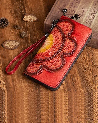 Womens Floral Brown Leather Wristlet Wallet Flower Zip Around Wallets Floral Ladies Zipper Clutch Wallets for Women