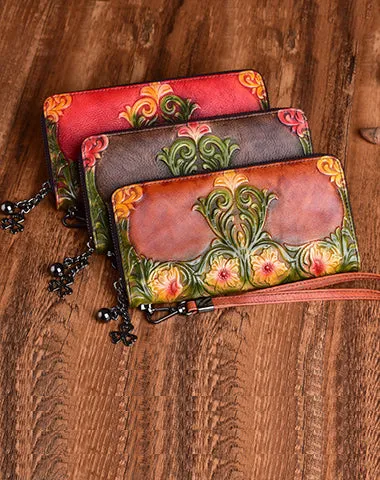 Womens Floral Coffee Leather Wristlet Wallets Flowers Zip Around Wallet Floral Ladies Zipper Clutch Wallet for Women