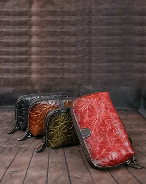 Womens Floral Leather Zip Around Wallets Wristlet Wallet Floral Ladies Zipper Clutch Wallet for Women