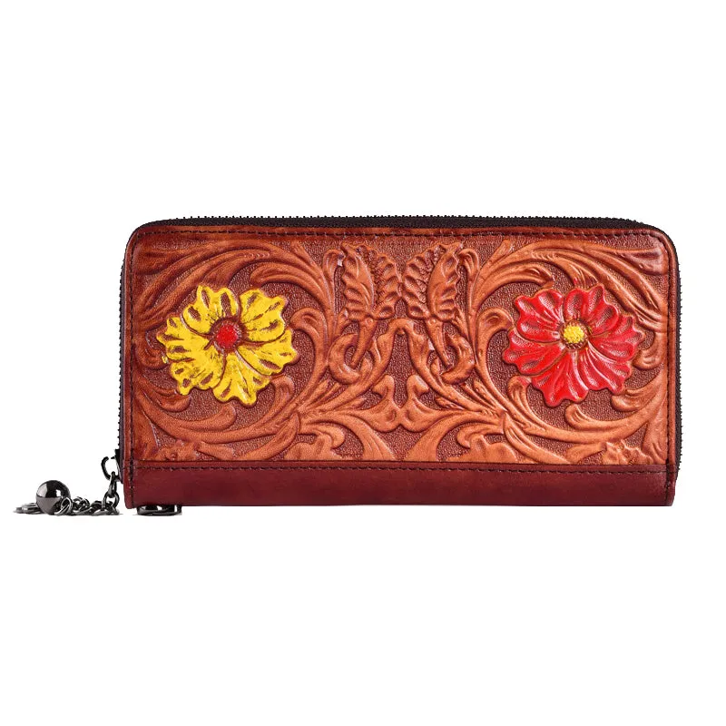 Womens Flower Black Leather Wristlet Wallets Zip Around Wallet Floral Ladies Zipper Clutch Wallet for Women