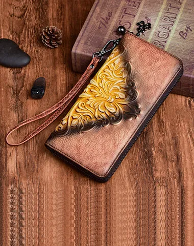 Womens Flowers Leather Zip Around Wallet Wristlet Wallet Floral Ladies Zipper Clutch Wallet for Women