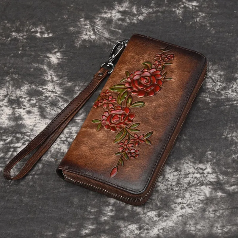 Womens Flowers Red Leather Zip Around Wallet Wristlet Wallet Floral Ladies Zipper Clutch Wallet for Women