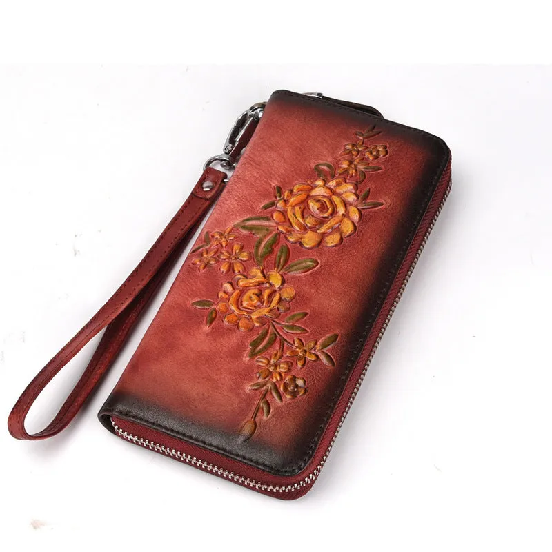 Womens Flowers Red Leather Zip Around Wallet Wristlet Wallet Floral Ladies Zipper Clutch Wallet for Women