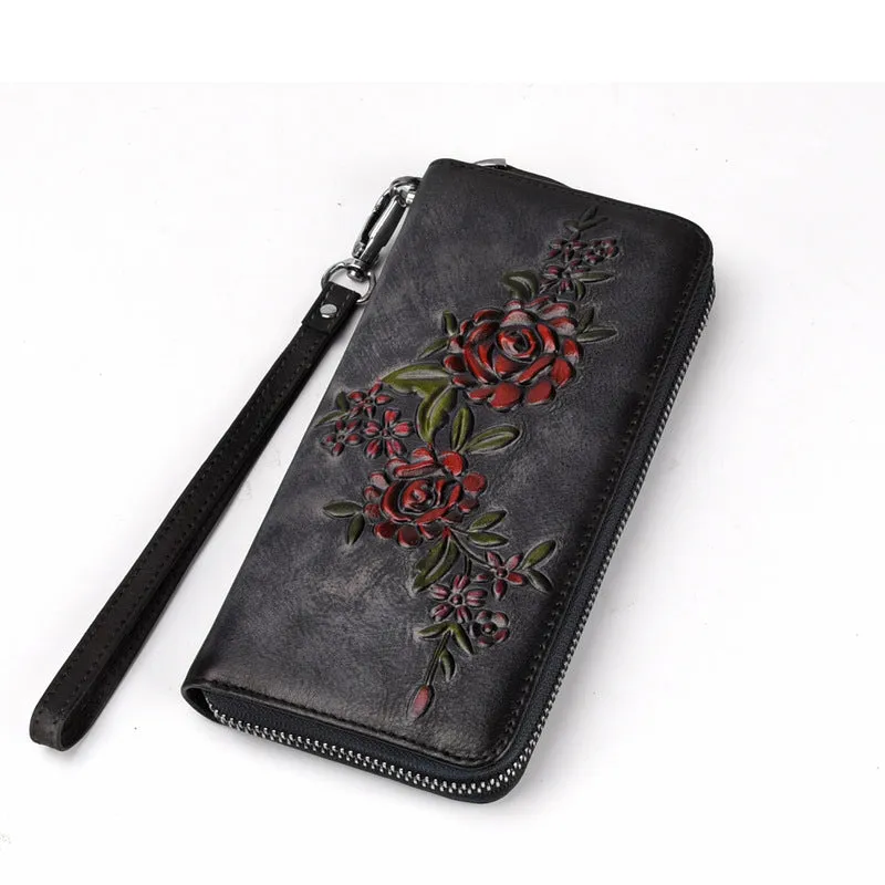 Womens Flowers Red Leather Zip Around Wallet Wristlet Wallet Floral Ladies Zipper Clutch Wallet for Women