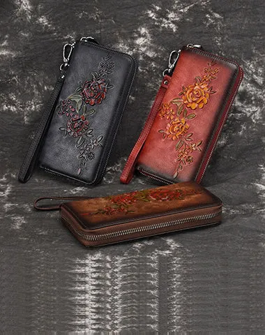 Womens Flowers Red Leather Zip Around Wallet Wristlet Wallet Floral Ladies Zipper Clutch Wallet for Women