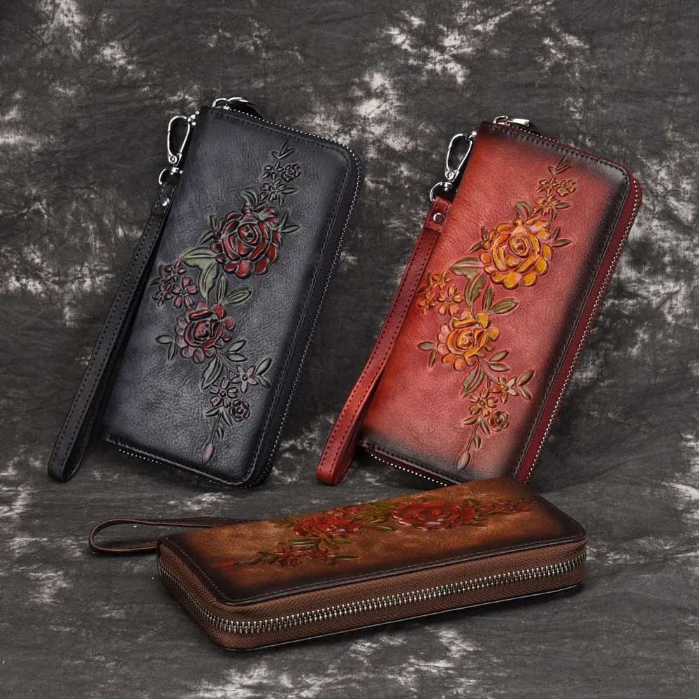 Womens Flowers Red Leather Zip Around Wallet Wristlet Wallet Floral Ladies Zipper Clutch Wallet for Women