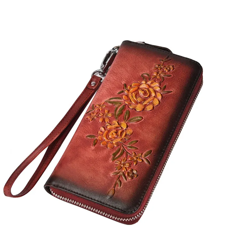Womens Flowers Red Leather Zip Around Wallet Wristlet Wallet Floral Ladies Zipper Clutch Wallet for Women