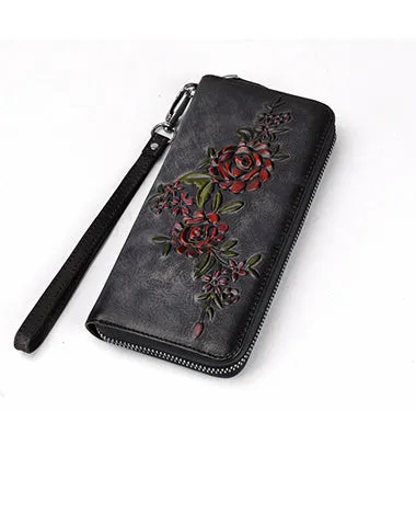 Womens Flowers Red Leather Zip Around Wallet Wristlet Wallet Floral Ladies Zipper Clutch Wallet for Women