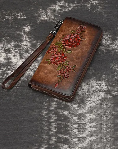Womens Flowers Red Leather Zip Around Wallet Wristlet Wallet Floral Ladies Zipper Clutch Wallet for Women