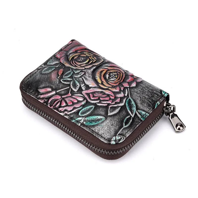 Womens Green Leather Small Zip Around Wallet Rose Billfold Wristlet Wallet Floral Ladies Zipper Small Card Wallet for Women