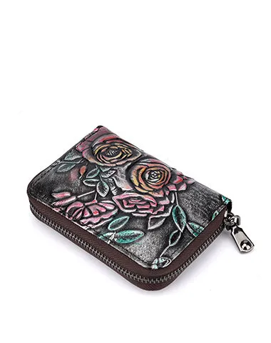 Womens Green Leather Small Zip Around Wallet Rose Billfold Wristlet Wallet Floral Ladies Zipper Small Card Wallet for Women