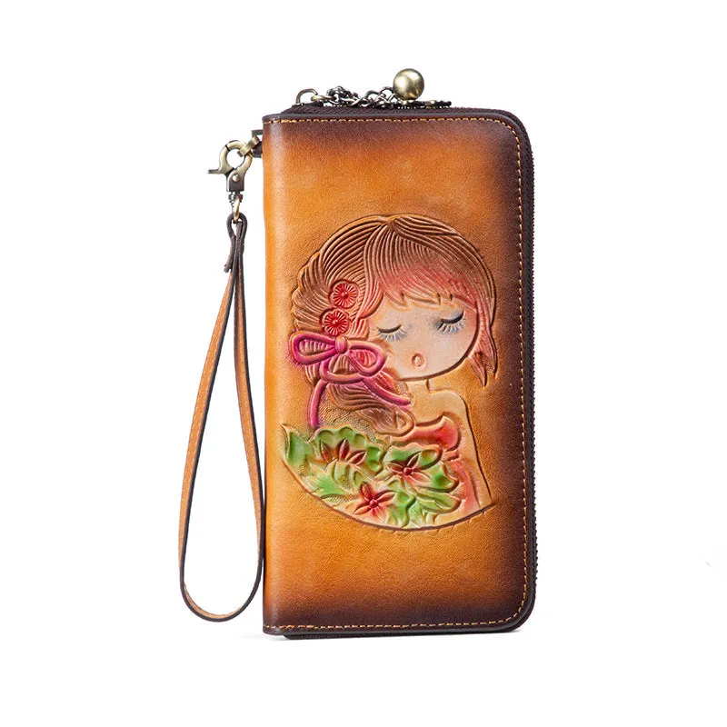 Womens Leather Zip Around Wallets Singing Girl Wristlet Wallets Flower Ladies Zipper Clutch Wallet for Women