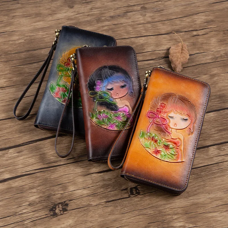 Womens Leather Zip Around Wallets Singing Girl Wristlet Wallets Flower Ladies Zipper Clutch Wallet for Women