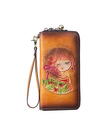 Womens Leather Zip Around Wallets Singing Girl Wristlet Wallets Flower Ladies Zipper Clutch Wallet for Women