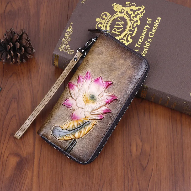 Womens Lotus Flower Brown Leather Wristlet Wallets Zip Around Wallet Flower Ladies Zipper Clutch Wallet for Women