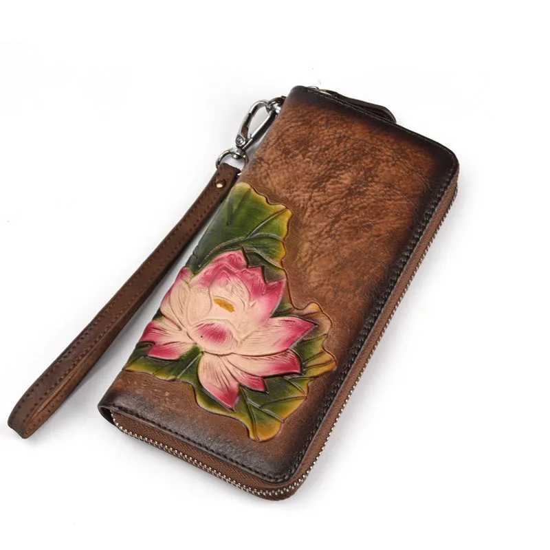 Womens Lotus Flower Red Leather Zip Around Wallet Wristlet Wallet Flower Ladies Zipper Clutch Wallet for Women