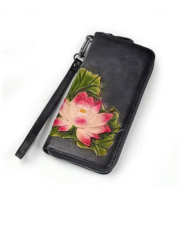 Womens Lotus Flower Red Leather Zip Around Wallet Wristlet Wallet Flower Ladies Zipper Clutch Wallet for Women