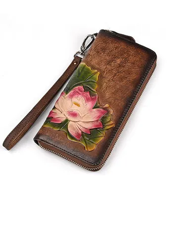 Womens Lotus Flower Red Leather Zip Around Wallet Wristlet Wallet Flower Ladies Zipper Clutch Wallet for Women
