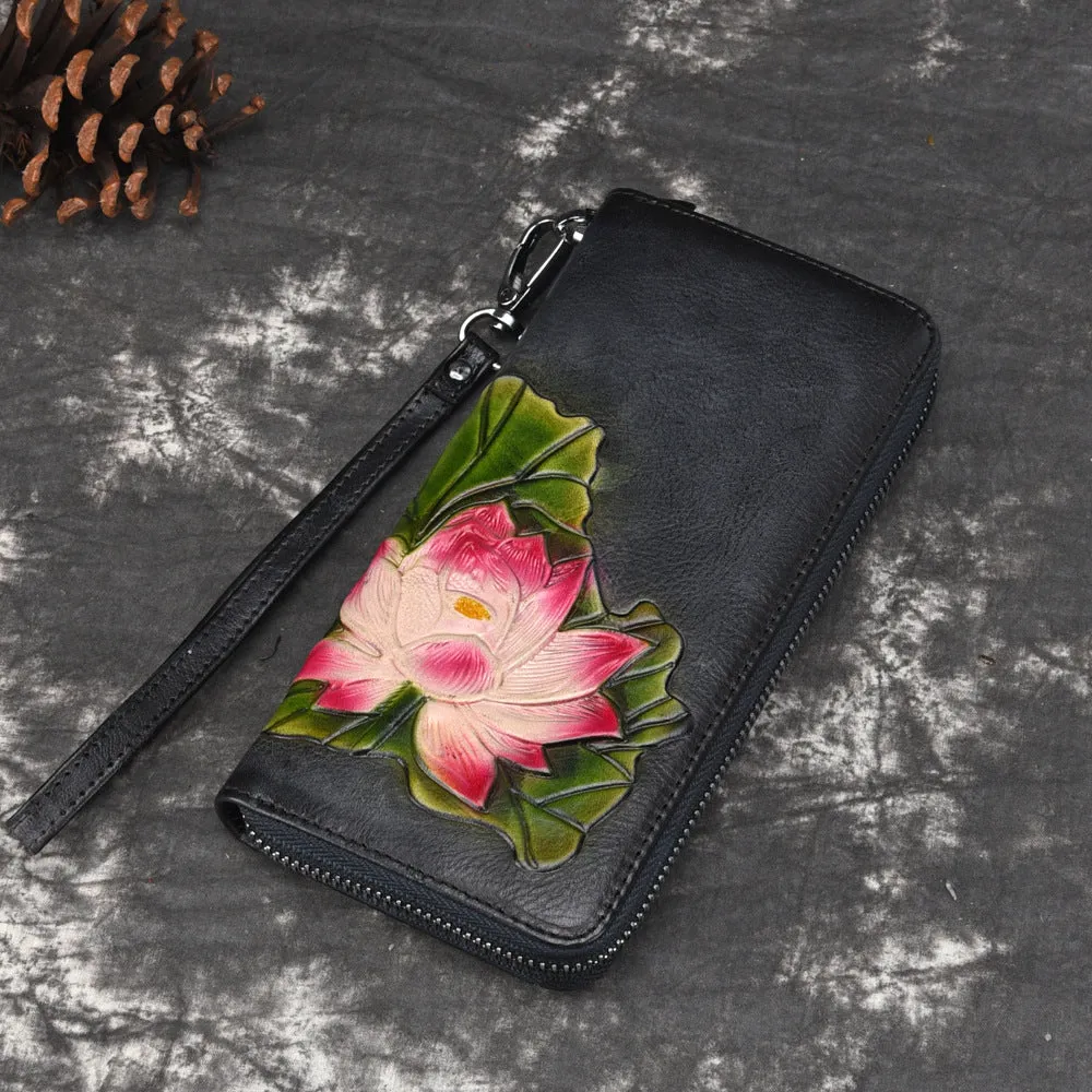 Womens Lotus Flower Red Leather Zip Around Wallet Wristlet Wallet Flower Ladies Zipper Clutch Wallet for Women
