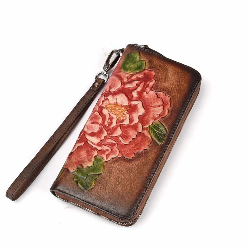 Womens Peony Flower Black Leather Wristlet Wallet Zip Around Wallets Floral Ladies Zipper Clutch Wallet for Women