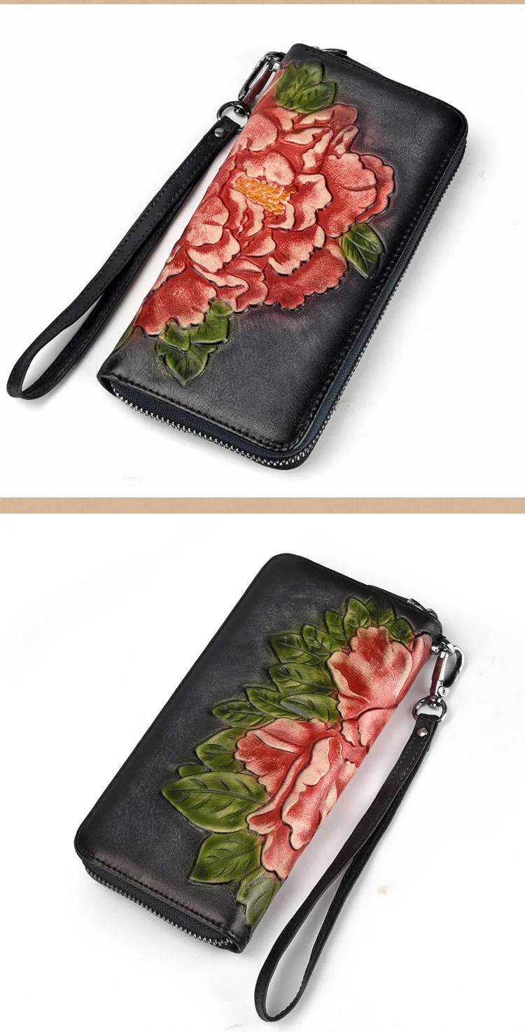 Womens Peony Flower Black Leather Wristlet Wallet Zip Around Wallets Floral Ladies Zipper Clutch Wallet for Women