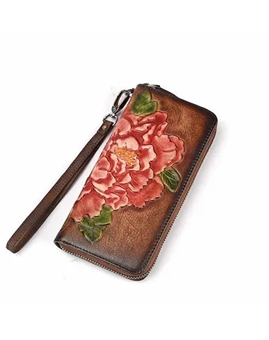 Womens Peony Flower Black Leather Wristlet Wallet Zip Around Wallets Floral Ladies Zipper Clutch Wallet for Women