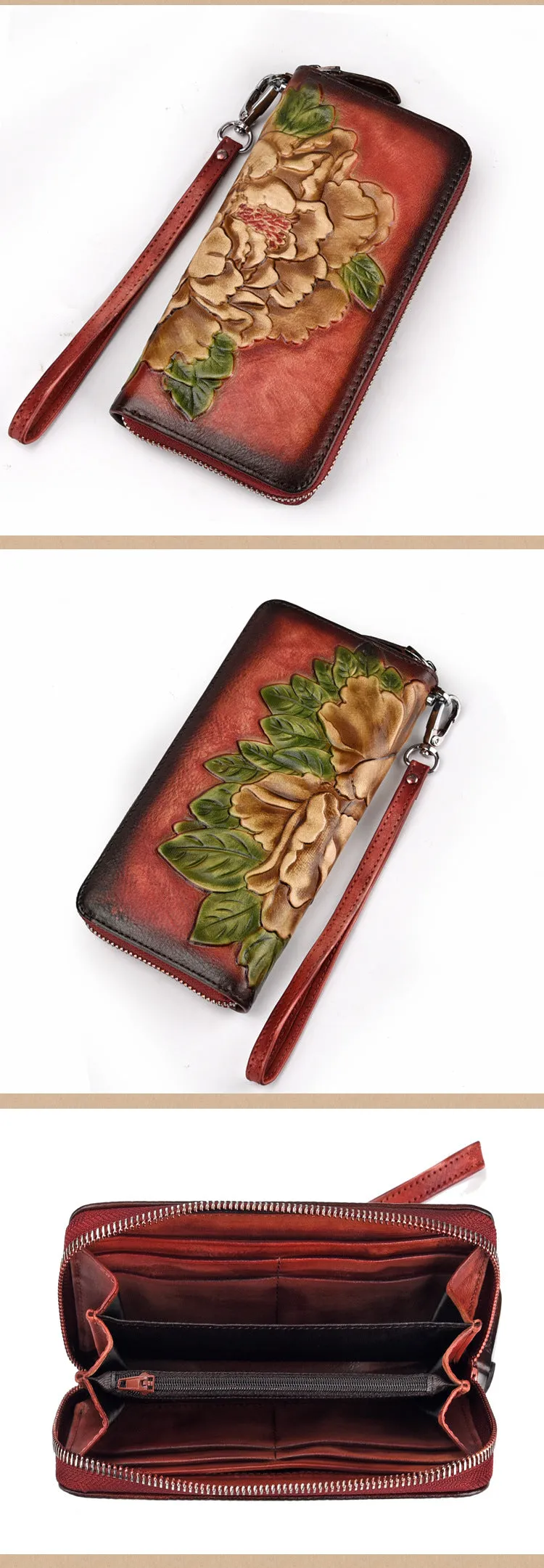 Womens Peony Flower Black Leather Wristlet Wallet Zip Around Wallets Floral Ladies Zipper Clutch Wallet for Women