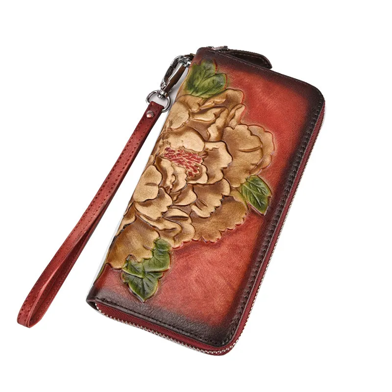 Womens Peony Flower Black Leather Wristlet Wallet Zip Around Wallets Floral Ladies Zipper Clutch Wallet for Women