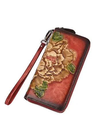 Womens Peony Flower Black Leather Wristlet Wallet Zip Around Wallets Floral Ladies Zipper Clutch Wallet for Women