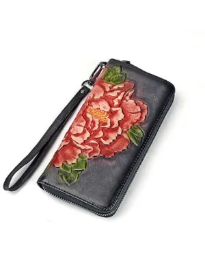 Womens Peony Flower Black Leather Wristlet Wallet Zip Around Wallets Floral Ladies Zipper Clutch Wallet for Women