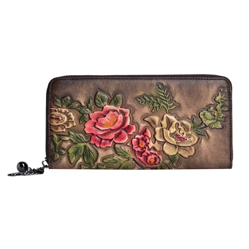 Womens Peony Flower Green Leather Zip Around Wallet Wristlet Wallet Floral Ladies Zipper Clutch Wallet for Women