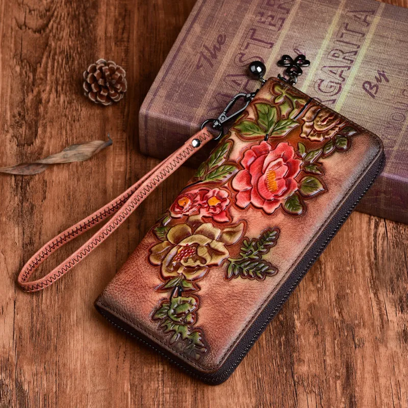 Womens Peony Flower Green Leather Zip Around Wallet Wristlet Wallet Floral Ladies Zipper Clutch Wallet for Women