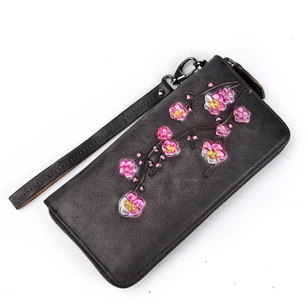 Womens Plum Blossom Flower Leather Zip Around Wallet Wristlet Wallet Flower Ladies Zipper Clutch Wallet for Women