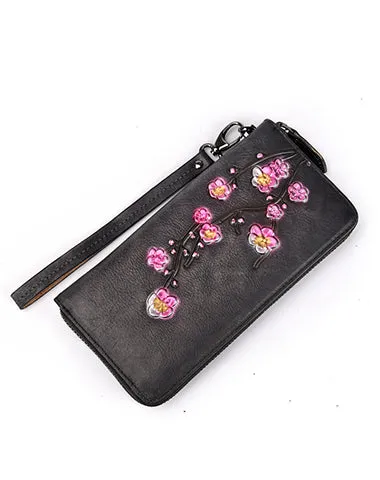 Womens Plum Blossom Flower Leather Zip Around Wallet Wristlet Wallet Flower Ladies Zipper Clutch Wallet for Women
