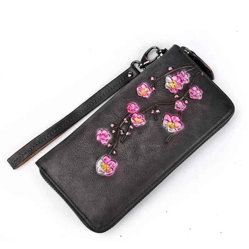Womens Plum Blossom Flower Leather Zip Around Wallet Wristlet Wallet Flower Ladies Zipper Clutch Wallet for Women