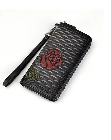 Womens Rose Flower Leather Zip Around Wallet Wristlet Wallet Flower Ladies Zipper Clutch Wallet for Women