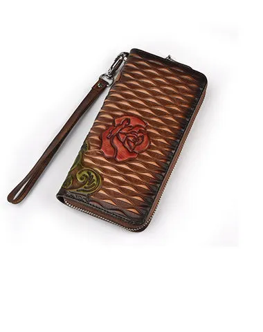Womens Rose Flower Leather Zip Around Wallet Wristlet Wallet Flower Ladies Zipper Clutch Wallet for Women