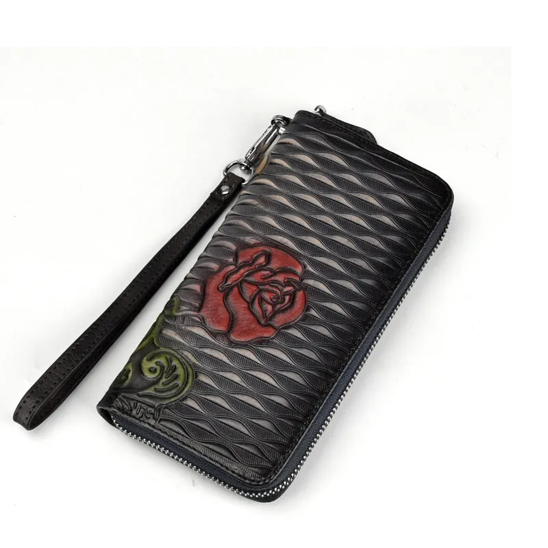 Womens Rose Flower Leather Zip Around Wallet Wristlet Wallet Flower Ladies Zipper Clutch Wallet for Women